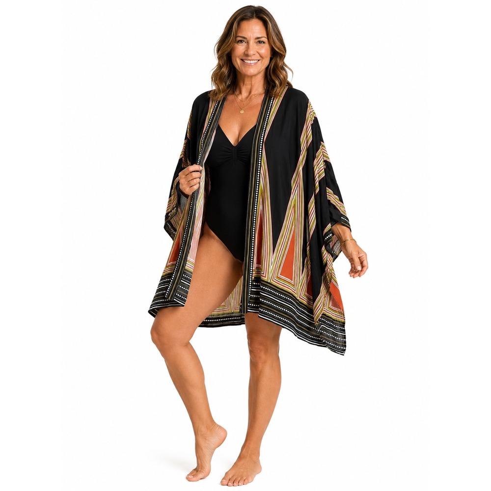 Black Geometric Print Kimono Wrap Swim Cover Up M Resortwear Beach Festival